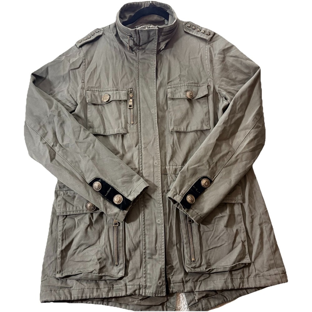 Womens Olive Green Utility Jacket Military Anorak Cargo Coat Lightweight Large